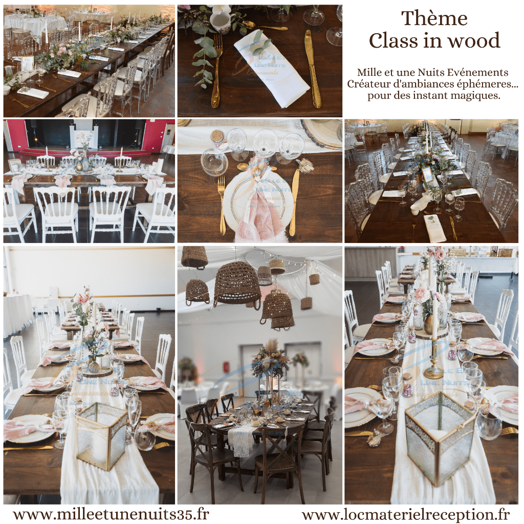 Thème Class in wood
Décoration évènementiel Mariage Sur l'ille et vilaine: Fougères, Vitré, Rennes, St Malo, Antrain. Mayenne: Laval. Manches: Avranches, Granville... mais aussi partout en région Bretagne, Normandie, Pays de la Loire