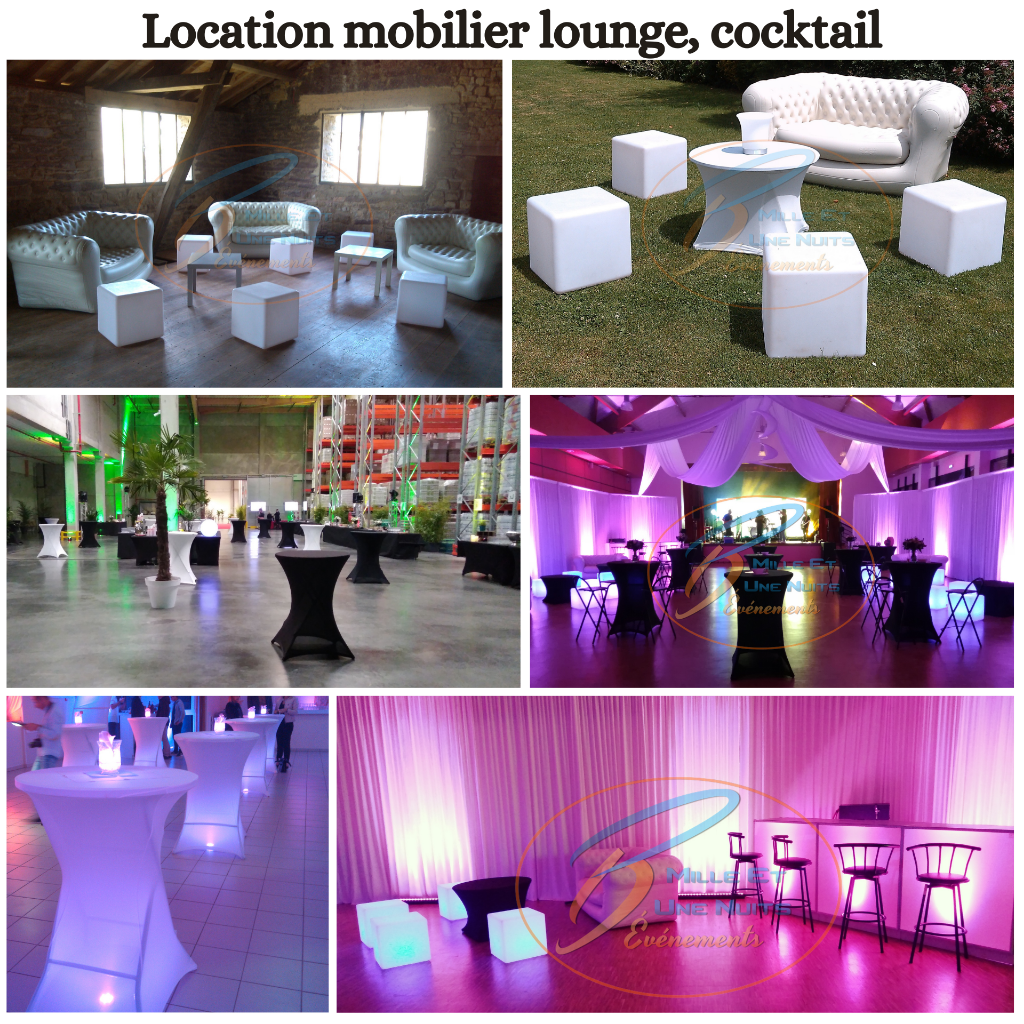 Location de mange debout, coin lounge, mobilier cocktail, bar  sur la région Bretagne: Rennes, Fougères, Vitré, St Malo, Normandie: Avranches, Granville, Pays de la loire: Laval, Mayenne...Pour votre Mariage, soirée d'entreprise,  soirée de gala.