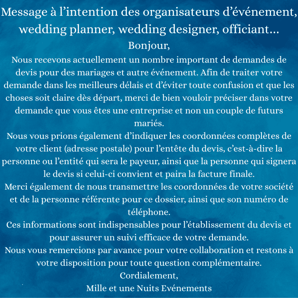 Message à l'intention des organisateurs d'événement, wedding planner, wedding designer, officiant...