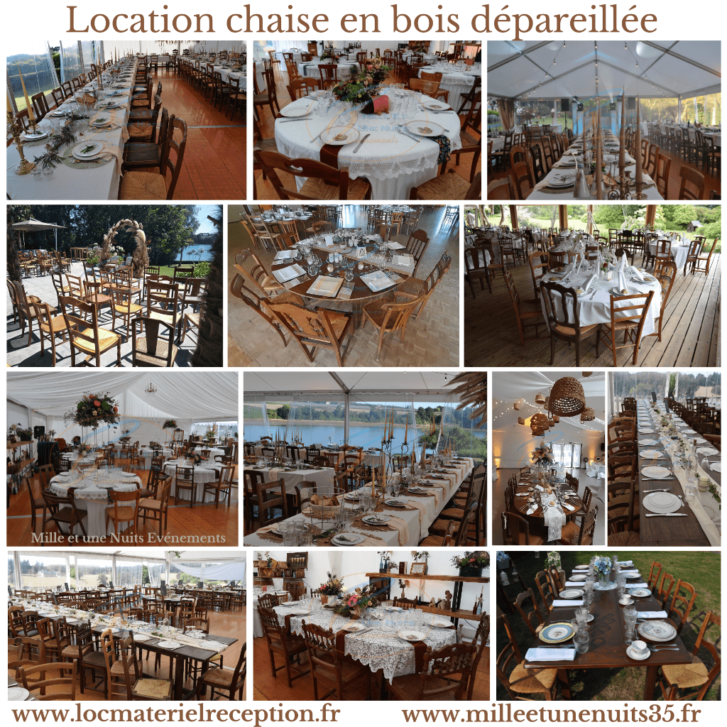 Location de chaise en bois dépareillée, banc en bois sur la région Bretagne: Rennes, Fougères, Vitré, St Malo, Normandie: Avranches, Granville, Pays de la loire: Laval, Mayenne... Pour votre Mariage, soirée d'entreprise, inauguration, soirée de gala.