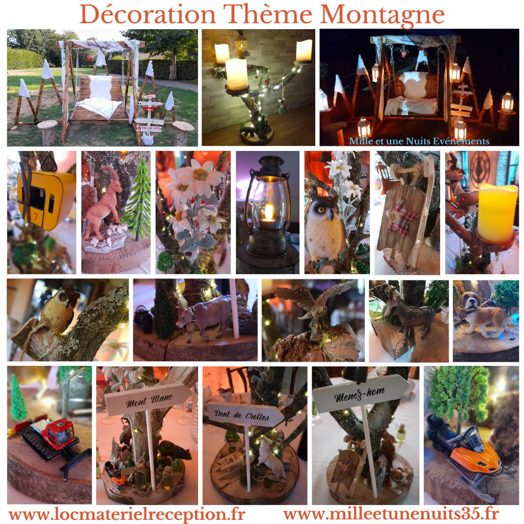 Décoration thème Montagne.
Décoration évènementiel Mariage Sur l'ille et vilaine: Fougères, Vitré, Rennes, St Malo, Antrain. Mayenne: Laval. Manches: Avranches, Granville... mais aussi partout en région Bretagne, Normandie, Pays de la Loire