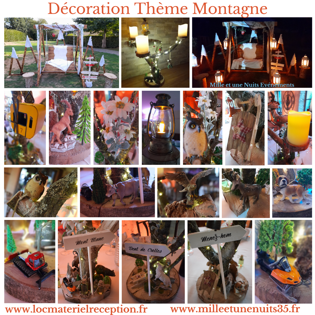 Décoration thème Montagne.

Décoration évènementiel Mariage  Sur  l'ille et vilaine: Fougères, Vitré, Rennes, St Malo, Antrain. Mayenne: Laval.  Manches: Avranches, Granville... mais aussi partout en région Bretagne, Normandie, Pays de la Loire