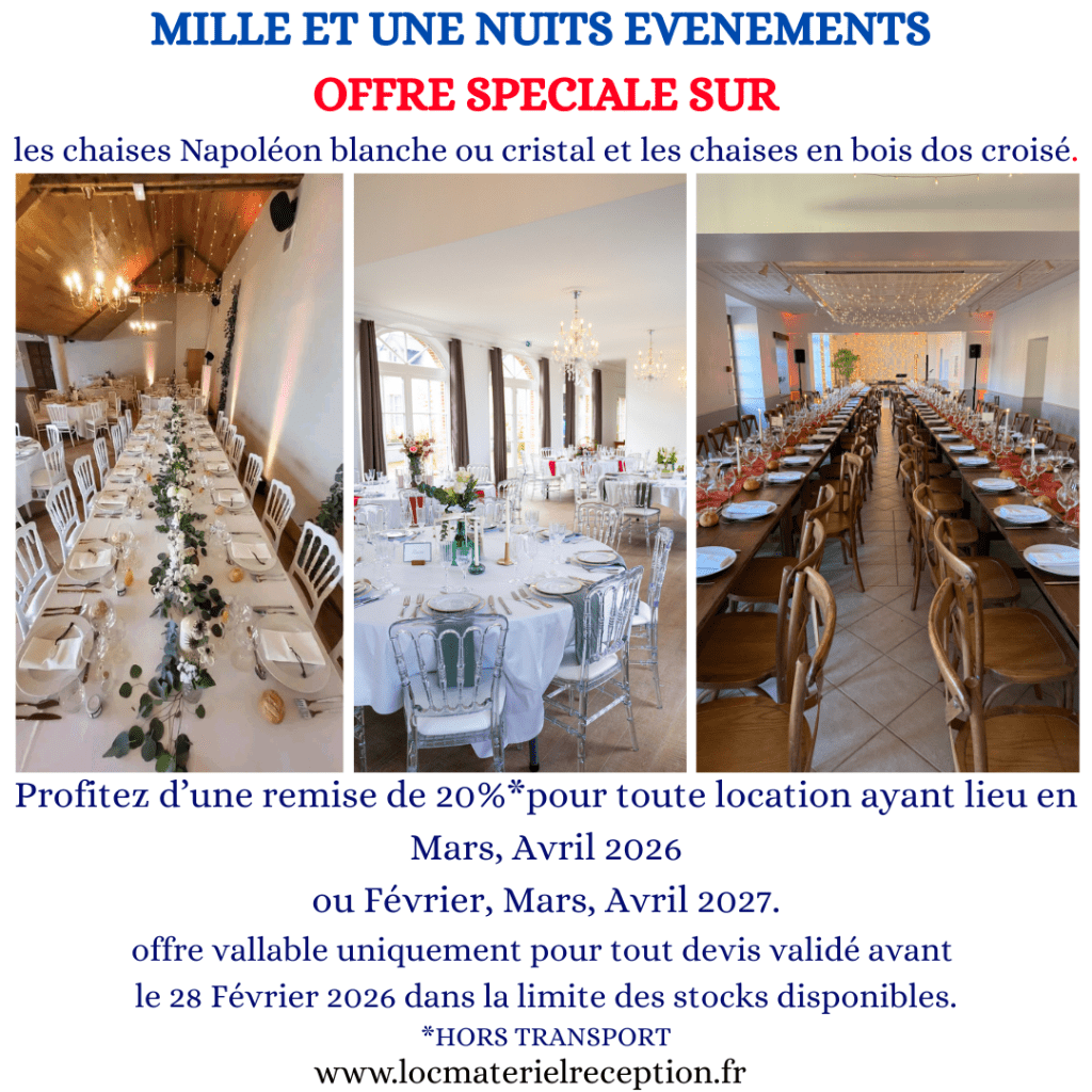 Offre spéciale Février 2026 sur les chaises Napoléon blanche et cristal et les chaises en bois dos croisés.