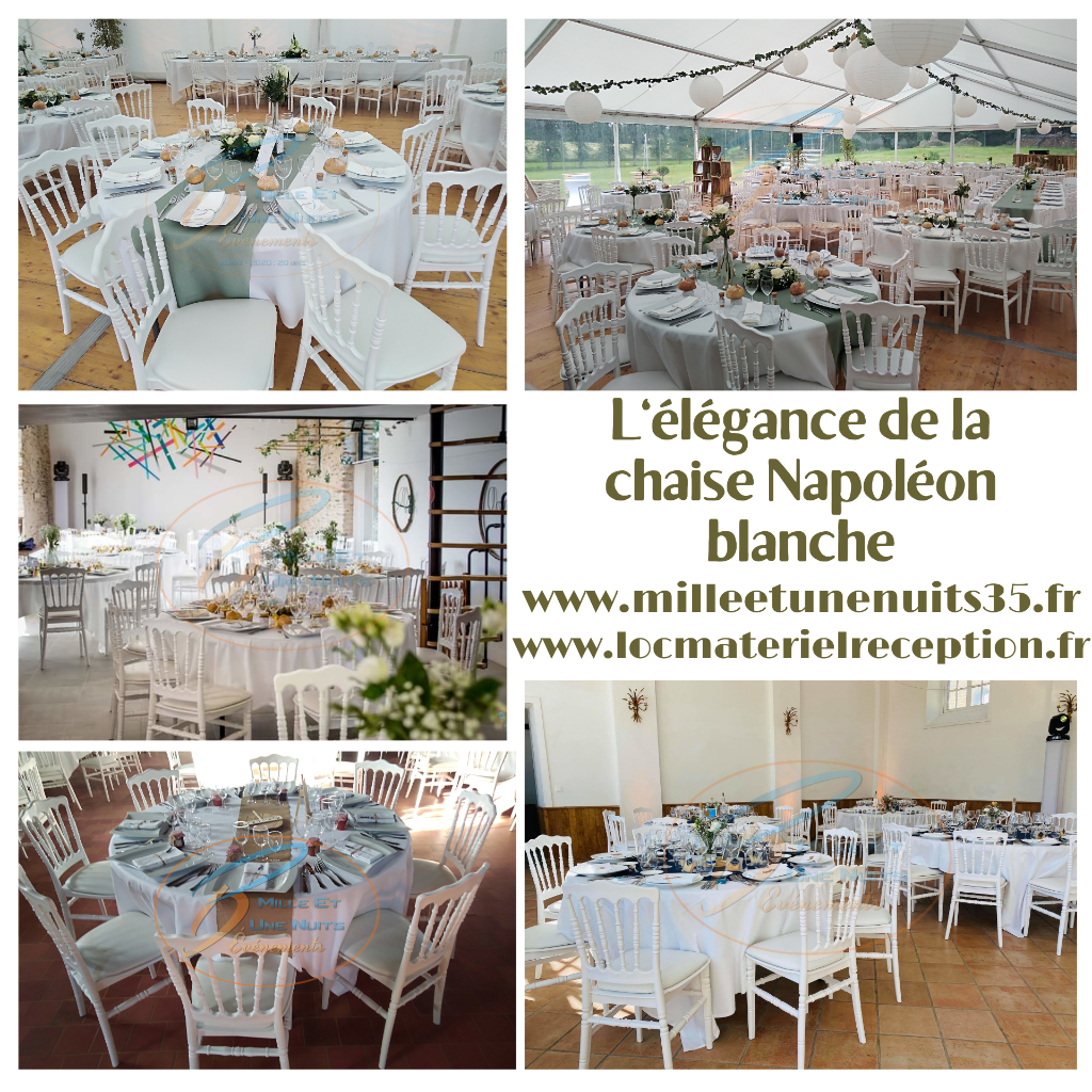 Location de chaise Napoléon
Votre Location de Mobilier de réception Sur l'ille et vilaine: Fougères, Vitré, Rennes, St Malo, Antrain. Mayenne: Laval. Manches: Avranches, Granville... mais aussi partout en région Bretagne, Normandie, Pays de la Loire.