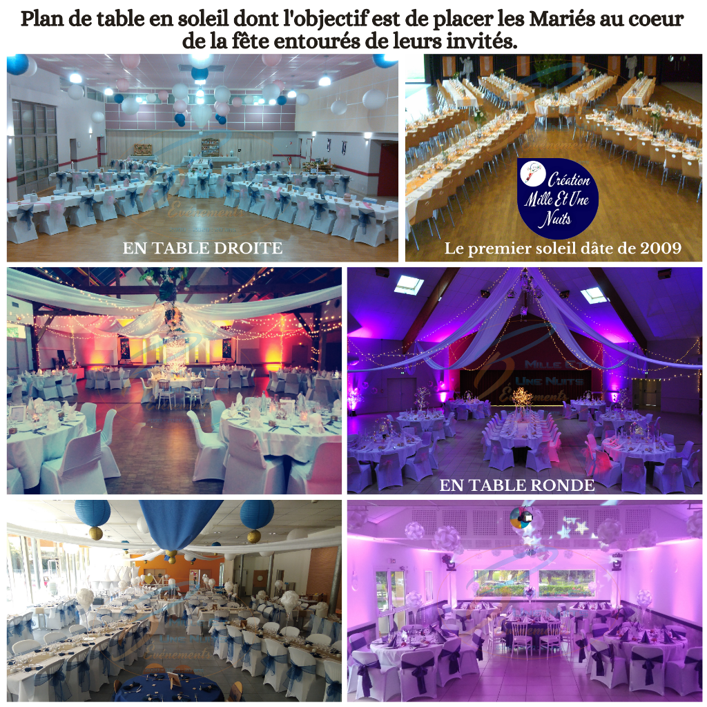 Plan de table en soleil dont l'objectif est de placer les Mariés au coeur de la fête entourés de leurs invités
Votre Décoration Mariage Sur l'ille et vilaine: Fougères, Vitré, Rennes, St Malo, Antrain. mais aussi partout en région Bretagne, Normandie.