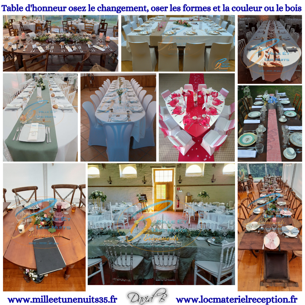 Table d'honneur mariage osez le changement, osez les formes et la couleur ou le bois.
Vous souhaitez une forme spécifique nous la fabriquons sur mesure.
Location mobilier de réception pour mariage en région Bretagne, Normandie, Pays de la Loire