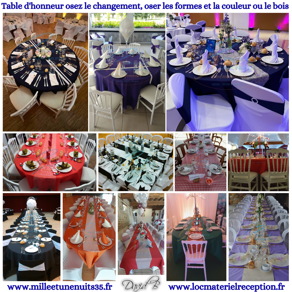 Table d'honneur mariage osez le changement, osez les formes et la couleur ou le bois.
Vous souhaitez une forme spécifique nous la fabriquons sur mesure.
Location mobilier de réception pour mariage en région Bretagne, Normandie, Pays de la Loire