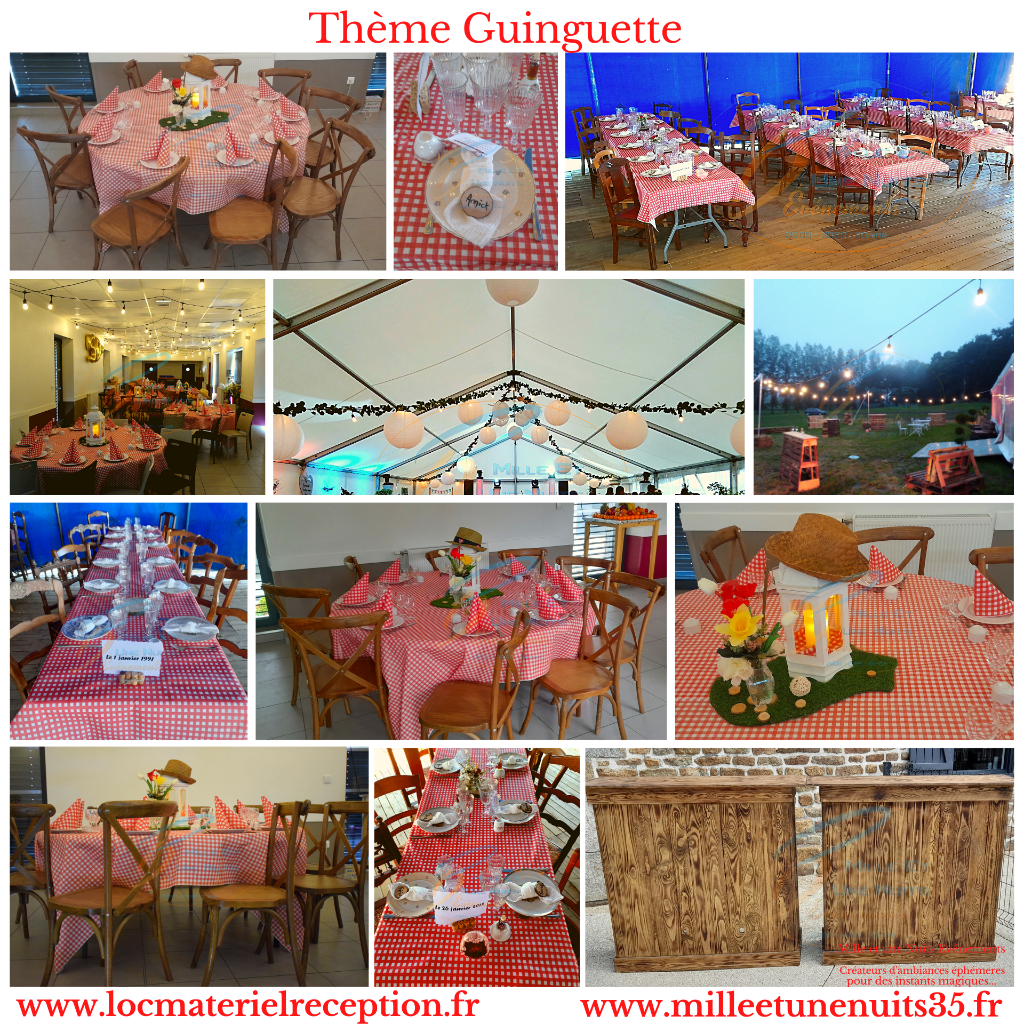 Thème Guinguette
Décoration évènementiel Mariage, soirée de gala, soirée d'entreprise ...Sur l'ille et vilaine: Fougères, Vitré, Rennes, St Malo, Antrain. Mayenne: Laval. Manches: Avranches, Bretagne, Normandie, Pays de la Loire...