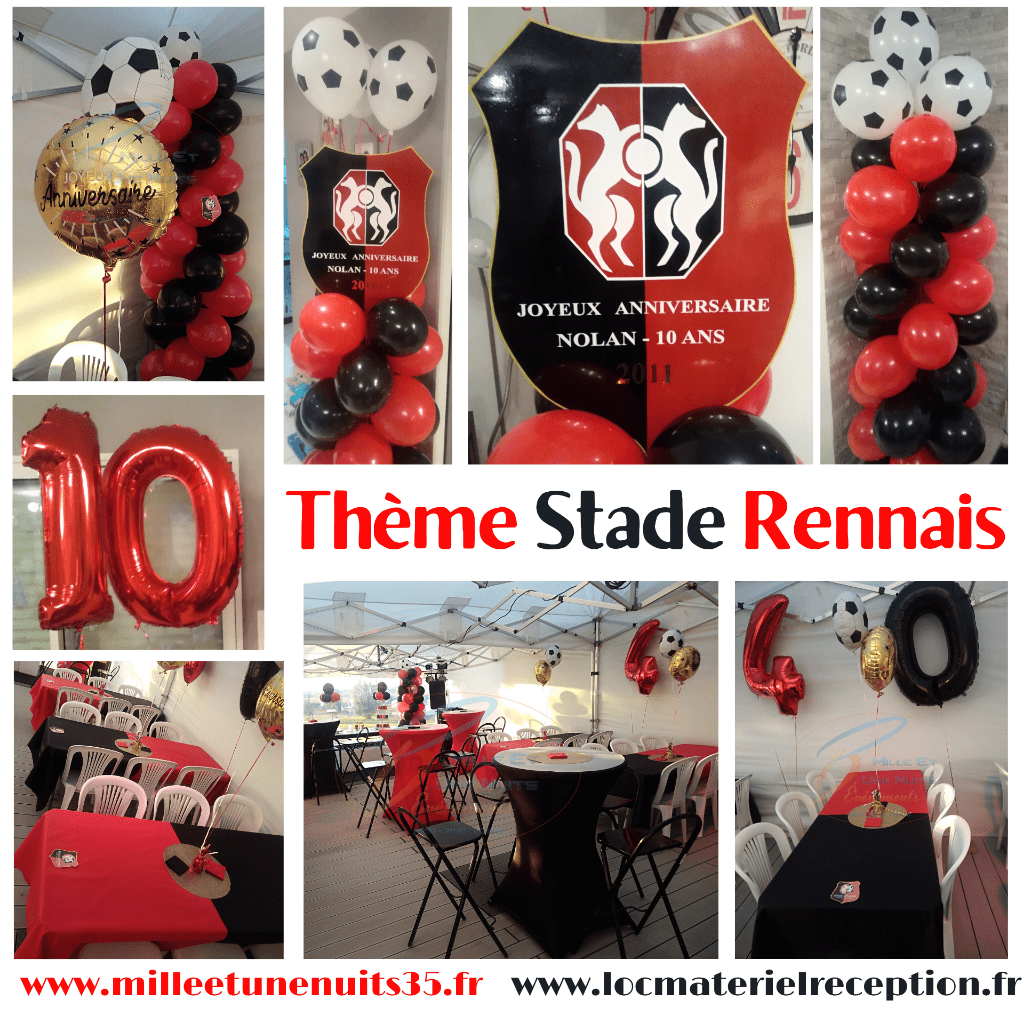 Décoration thème Stade Rennais
Votre Décoration Anniversaire Sur l'ille et vilaine: Fougères, Vitré, Rennes, St Malo, Antrain. Mayenne: Laval. Manches: Avranches, Granville... mais aussi partout en région Bretagne, Normandie, Pays de la Loire...