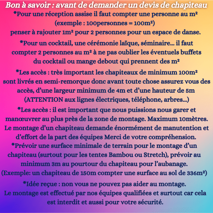 INFORMATION IMPORTANTE SUR LES CHAPITEAUX